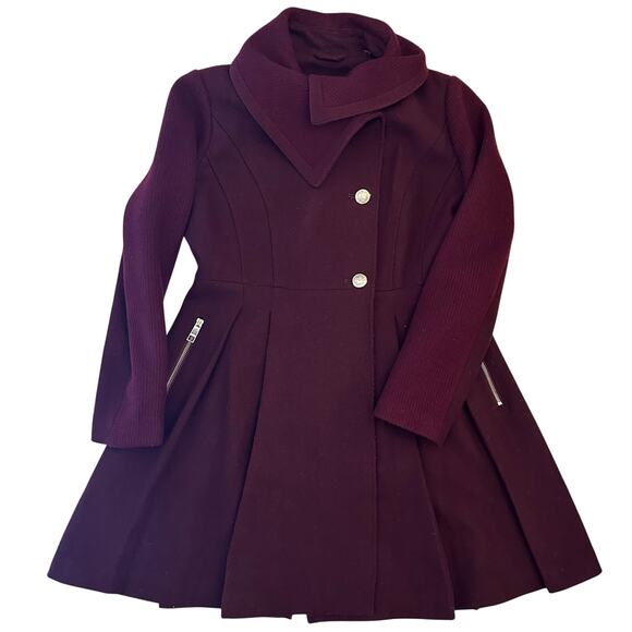Guess Women's Pleated Wool Blend Flared Coat Burgundy Size Large - Picture 1 of 14
